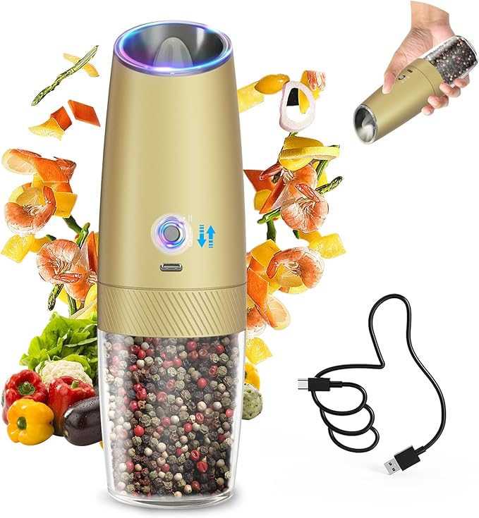 CIRCLE JOY 2-Speed Gravity Electric Pepper Grinder, Rechargeable Salt Grinder Pepper Mills, Adjustable Coarseness, White LED Light, 135ML Large Capacity, Gold