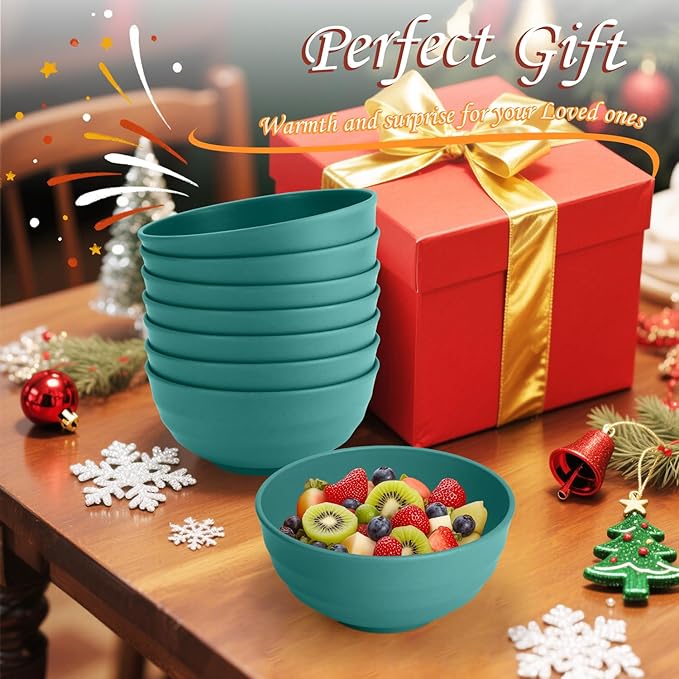 Homienly Large Bowls for Eating: Set of 8 Unbreakable 60oz Wheat Straw Bowls, Non-Plastic & Microwave Safe for Everyday Salad, Soup & Oatmeal (Green)