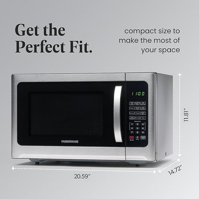 Farberware Countertop Microwave Oven 1.2 Cu. Ft. 1000 Watt with LED Lighting, Child Lock, Easy Clean Grey Interior, Stainless Steel, Black Stainless