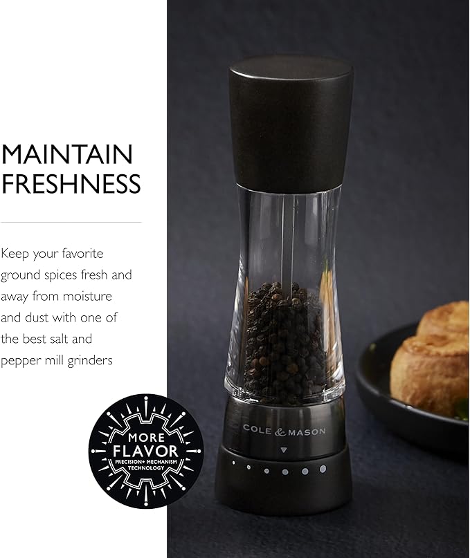 Cole & Mason Derwent Pepper Mill - Gourmet Precision Pepper Grinder - Refillable Seasoning and Spice Tools - Adjustable Black Peppercorn Grinder Settings - Black Wood