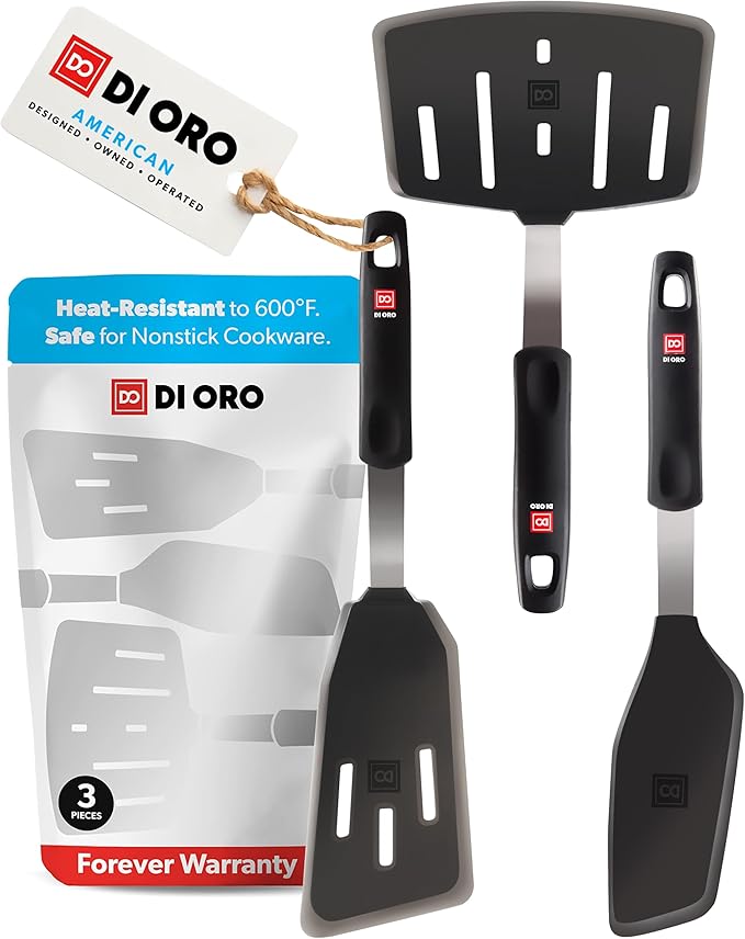 DI ORO Spatulas for Kitchen Use - Forever Warranty - 600°F Heat-Resistant Silicone - Turner Spatula Set for Cooking - BPA Free Wide Pancake Spatulas - Egg Flippers for Nonstick Cookware Safe (3pc)