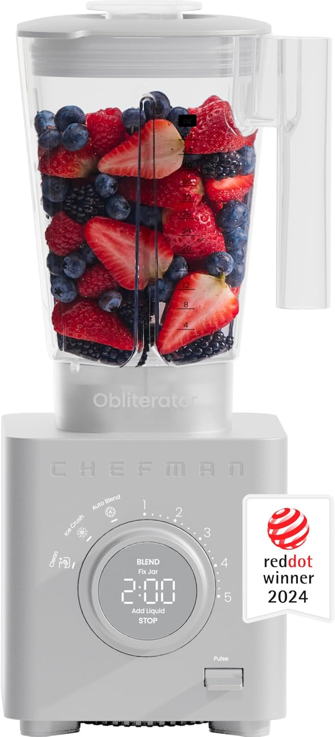 Chefman Obliterator 48 oz Countertop Blender for Smoothies, 1380W Motor to Crush Ice, Nuts, and Frozen Fruit with Stainless Steel Blade, Auto Blend Function, Includes Tamper and Scraper