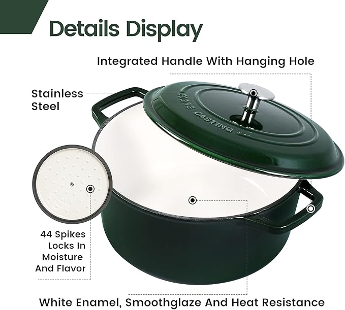 Enameled Cast Iron Dutch Oven Pot With Lid, Dutch Oven for Sourdough Bread Baking Round Pot Dule Handle, 7.5 Quart, Green