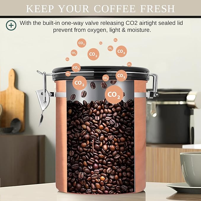 Mixpresso 16 Oz Copper Coffee Canister, Stainless Steel Airtight Coffee Container, Ground and Bean Storage with Date Tracker, Vacuum Sealed Espresso Airtight Container, Sugar Container