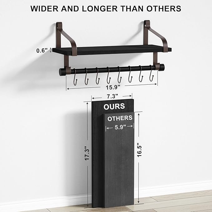 Love-KANKEI Floating Shelf Wall Shelf for Storage Rustic Wood Kitchen Spice Rack with Towel Bar and 8 Removable Hooks for Organize Cooking Utensils or Mugs Black/Brown Brackets