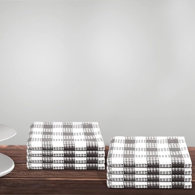 Urban Villa Cotton Dish Cloth Set of 8, Waffle Kitchen Cloth 12x12 Inch Highly Absorbent Soft Dish Cloths for Kitchen Cleaning & Drying Dishes Mitered Corner Dish Towels - Grey White, Buffalo Checks