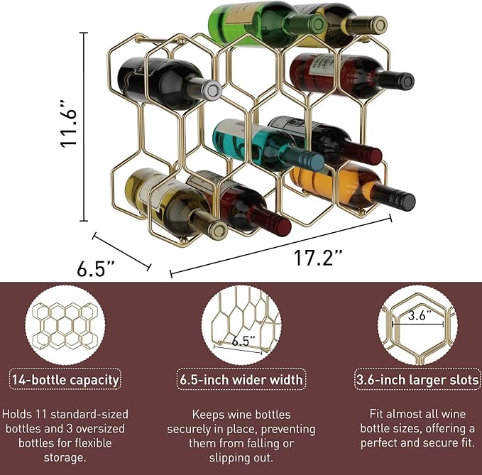 Buruis Countertop Wine Rack, 14-Bottle Modern Freestanding Metal Holder for Red and White Wine, Tabletop, Kitchen, Bar, and Cabinet Storage (Gold)