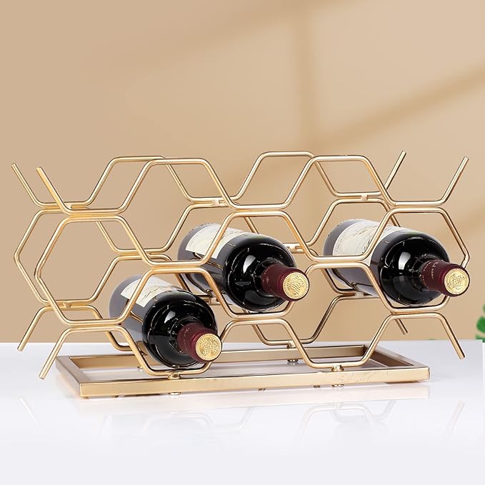 Countertop Wine Rack - 10 Bottle Freestanding Modern Gold Metal Small Wine Rack - Tabletop Wine Holder Stand for Cabinet, Pantry, Wine Bottle Storage……
