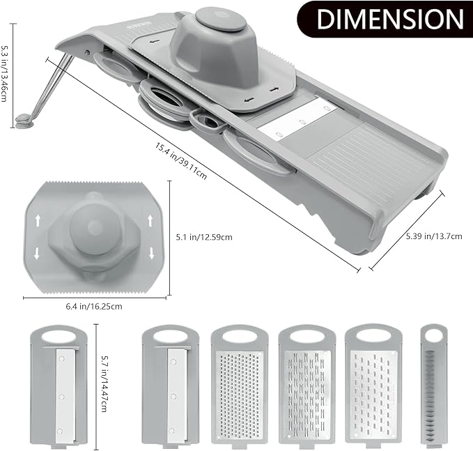 Mandoline Slicer Vegetable Chopper, Fruit Slicer, Cheese Grater & Potato Cutter with 6 Blades, Easy Kitchen Tool, Grey
