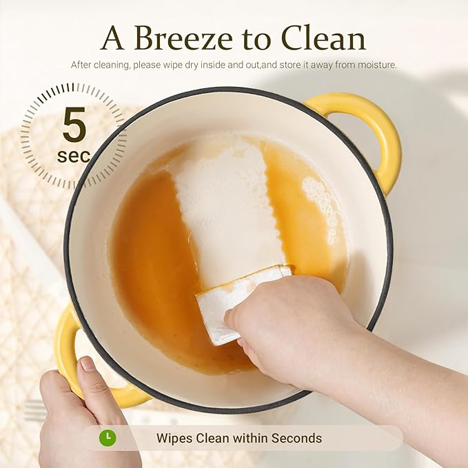 Overmont Enameled Cast Iron Dutch Oven - 5.5QT Pot with Lid Cookbook & Cotton Potholders - Heavy-Duty Cookware for Braising, Stews, Roasting, Bread Baking Goose Yellow