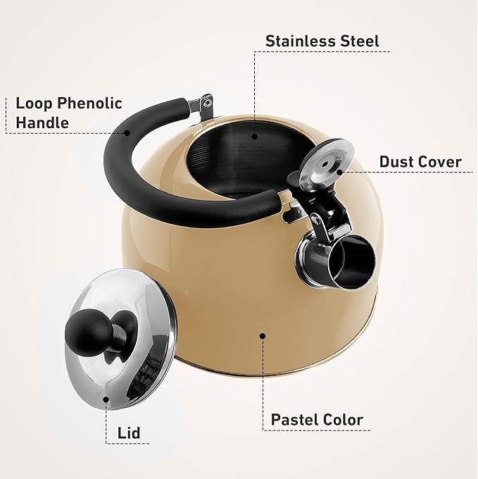 Lily's Home 2 Quart Stainless Steel Whistling Tea Kettle, the Perfect Stovetop Tea and Water Boilers for Your Home, Dorm, Condo or Apartment. (Pastel Red)