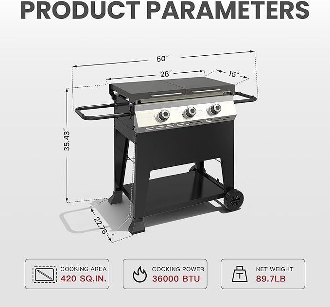 3-Burner Propane Gas Griddle, 36,000 BTU Outdoor Flat Top Propane Grill with 420 Sq In Cooking Area, Rolling Wheels & Folding Side Shelves for Camping, Tailgating & Backyard BBQ, Black