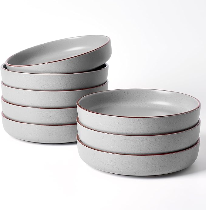 famiware Mercury Pasta Bowls Set of 8, 33 oz Large Salad Bowls, Ceramic Pasta Plates Bowls, Serving Bowls for Kitchen, Microwave & Dishwasher Safe, Light Gray