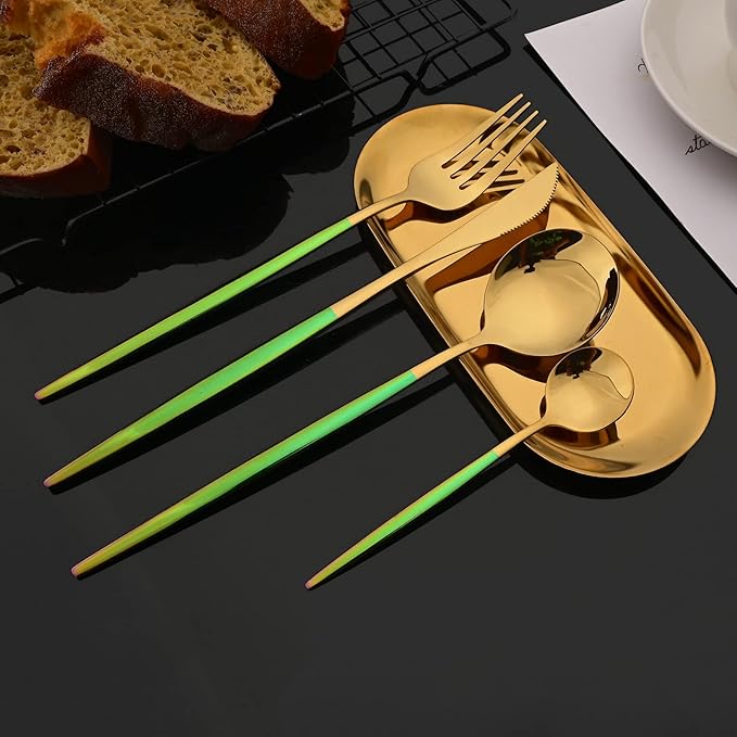 JASHII Flatware Set 24 Piece, Stainless Steel Silverware Set, Macaron Small Fresh Color Cutlery Set, Modern Elegant Tableware Set for Party, Christmas, Dinner (Rainbow Gold)