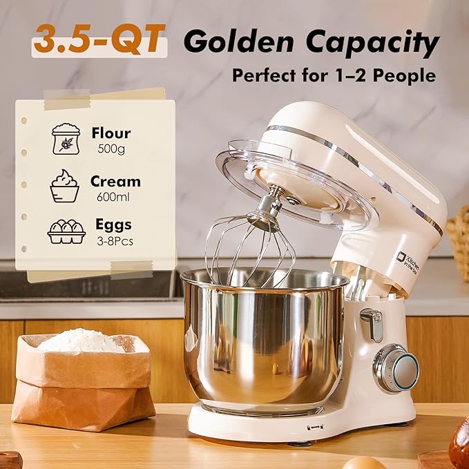 Kitchen in the Box Stand Mixer, 3.5 QT Small Kitchen Electric Stand Mixers, 10-Speed Portable Lightweight Dough Mixer for Daily Use with Egg Whisk, Dough Hook, Beater (Cream White)
