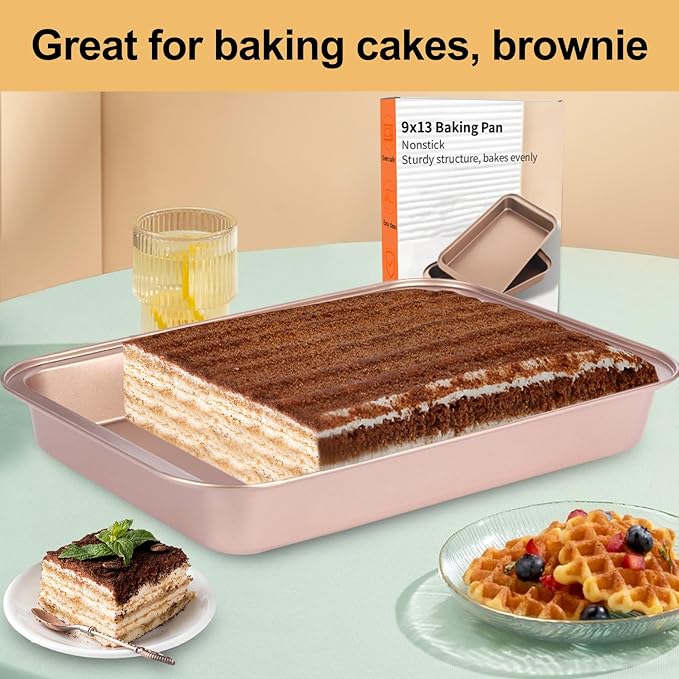 9x13 Baking Pan, Rectangle Cake Pan Nonstick, Bakeware Baking Pans for Oven, Easy Clean, Carbon Steel Cake Pan for Lasagna Brownies Casseroles Cakes Pan, Rose Gold