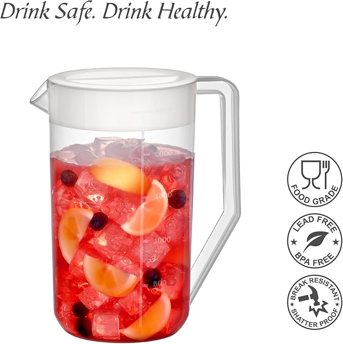 Amazing Abby - Kitchen Party - 2-Quart Plastic Pitcher (1-Pack), Unbreakable Water Pitcher with Lid, BPA-Free, Heat-Resistant, Dishwasher-Safe, Great for Both Iced and Hot Drinks, Indoors and Outdoors