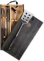 Schmidt Brothers - BBQ Ash 4 Piece Grill Set, Full-Forged Stainless Steel Grilling Utensils Including Spatula, Fork, Basting Brush, and Tongs with All Wood Handles