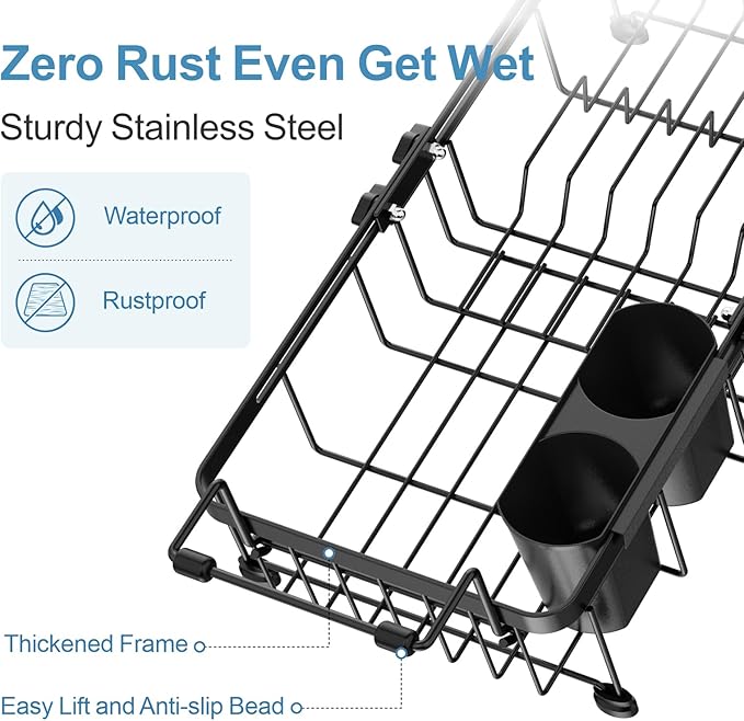 iSPECLE in Sink Dish Drying Rack with Mat, Capacity Expandable Small Dish Rack Over Sink, Black