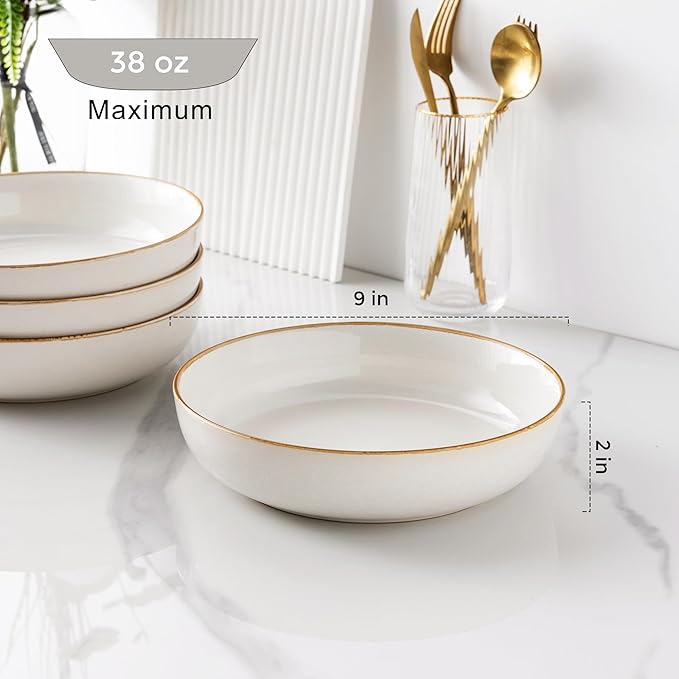 GBHOME 9'' Large Ceramic Pasta Bowls, 38oz Stoneware Pasta Serving Bowls Set of 4 for Kitchen, Wide Bowls for Fruit,Pasta,Salad,Oatmeal,Meal, Microwave Safe, Reactive Glaze-Pear White