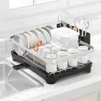 Dish Drying Rack 304 Stainless Steel Dish Rack with Drainboard,Space Spaving Auto-Draining Drying Racks for Kitchen Counter,Large Capacity Dish Racks for Bowls, Cups, Dish Drainer Black