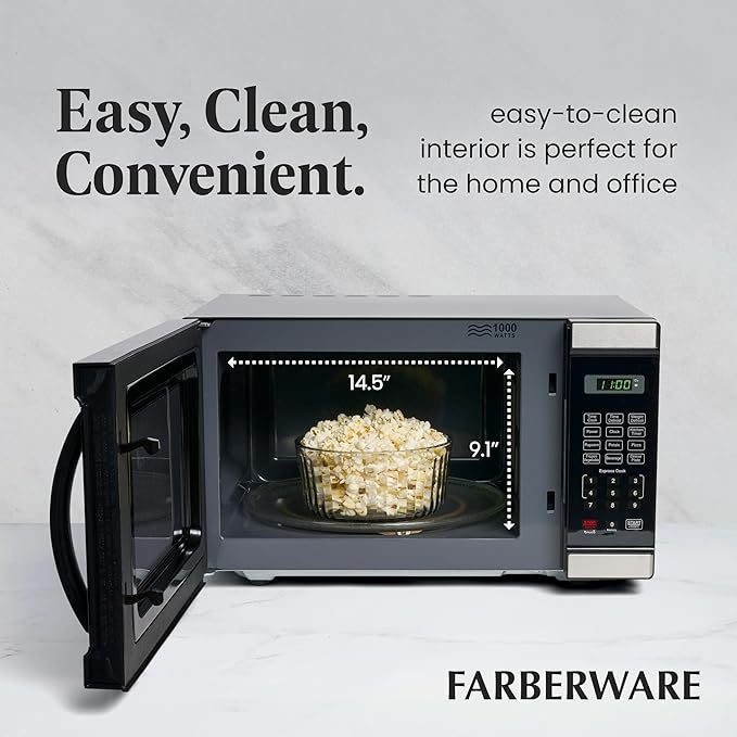 Farberware Countertop Microwave 1000 Watts, 1.1 Cu. Ft. - Microwave Oven With LED Lighting and Child Lock - Perfect for Apartments and Dorms - Easy Clean Stainless Steel