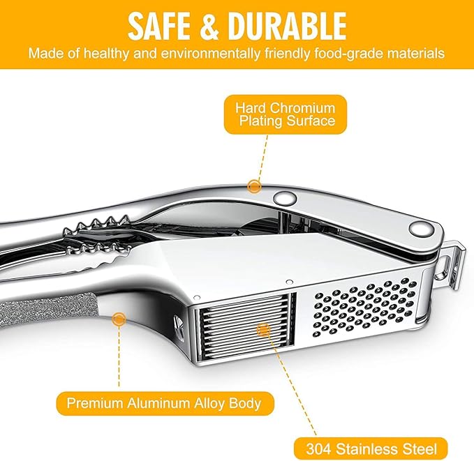 Garlic Press and Slicer 3 In 1, Food Grade Stainless Steel Garlic Mincer Chopper Crusher Garlic Press Kitchen Tool with Garlic Peeler Skin Remover and Clean Brush