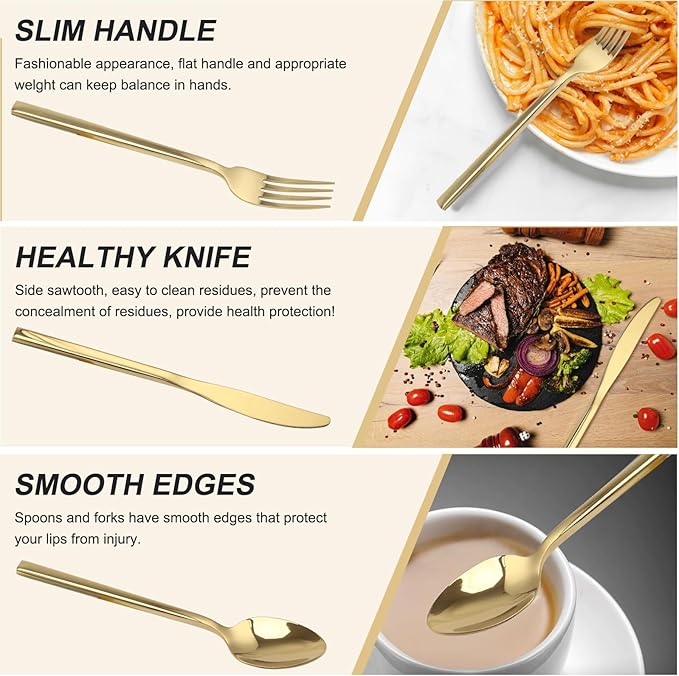 20 Piece Silverware Set for 4,Stainless Steel Flatware Set,Tableware Cutlery Set for Home and Restaurant Include Forks Knives Spoons,Mirror Finish,Dishwasher Safe (Gold)