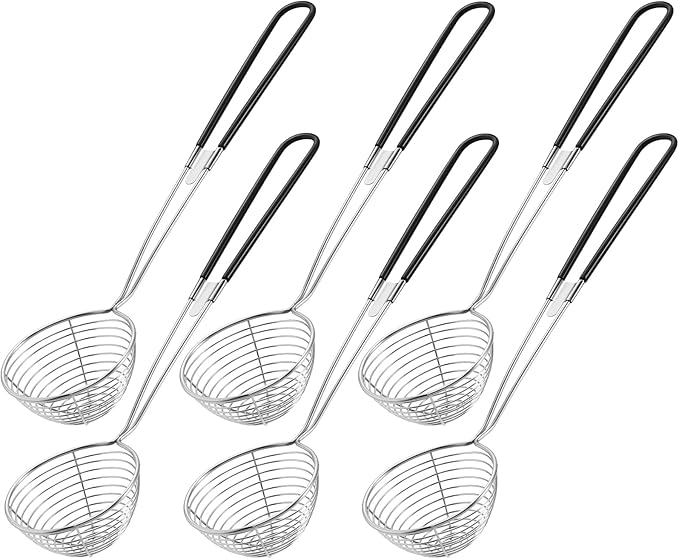 Geiserailie 6 Pieces Stainless Steel Hot Pot Strainer Scoops 2.5 Inch Mini Spider Strainer Skimmer Pasta Mesh Spoon Asian Skimmer Spoon Ladle with Handle for Home (Black)