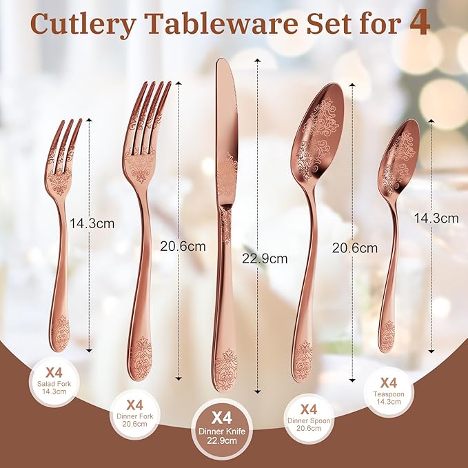 20-Piece Stainless Steel Silverware Set, Elegant Floral Engraved Cutlery Flatware Set for 4, Durable Tableware Utensil Sets for Formal Dining Include Fork Spoon Knife with Mirror Polish