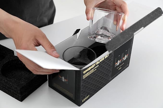 LIITON Mount Fuji Heavy Crystal Whiskey Glasses Gift Set of 2, Thick Freezable Bourbon Glass 1lb Each, Premium Whiskey Gifts for Men, Frozen Crystal Chills Cocktails, 10 oz