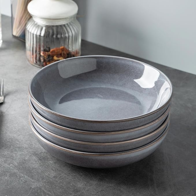 AmorArc 8.5'' Large Pasta Bowls, 36oz Stoneware Pasta Serving Bowls Set of 6 for Kitchen, Wide Bowls for Pasta,Salad,Fruit,Oatmeal, Microwave Safe, Reactive Glaze-Gray