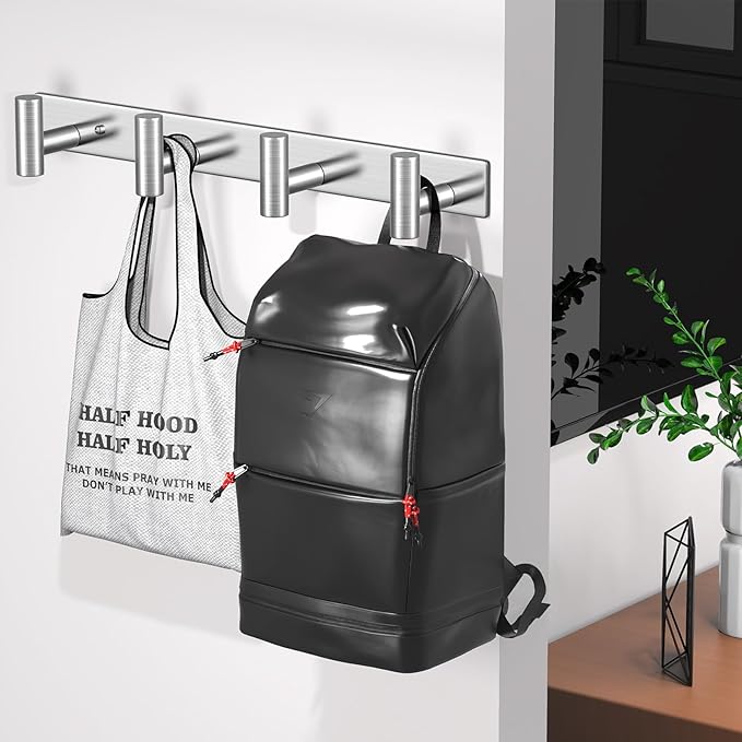 Wall Mounted Coat Rack-4 Hooks, Heavy Duty Stainless Steel Hook Rail for Towel Coat Hat Purse Bag Jacket, Towel Hooks for Entryway Bathroom Kitchen (Silvery 4 Hooks - 1 Pack)