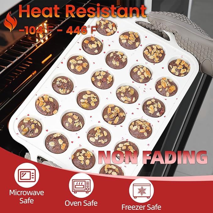 Mini Muffin Pan, Metal Reinforced Frame Mini Cupcake Pans 24 Cups Nonstick Muffin Silicone Molds with Handle for Baking Muffins, Cupcakes, Egg Bites 2 Pack Heart-Shaped