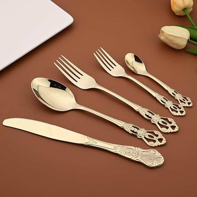Royal 24-piece Mirror Champagne Gold Silverware Dinnerware, 18/10 Stainless Steel Luxury Flatware Service For 6 Include Knives/Forks/Spoons/Teaspoons, Dishwasher Safe