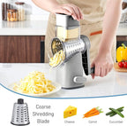 VEKAYA Cheese Grater, Cheese Grater Hand Crank, 4 Interchangeable Blades Cheese Shredder, Vegetable Slicer, Non-slip Suction Base, Easy to Clean Rotary Grater with Handle (Grey)