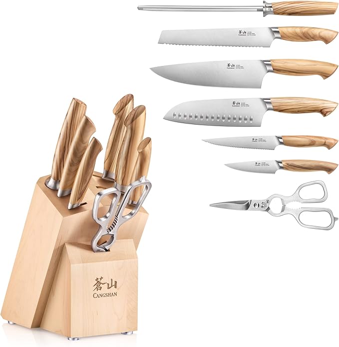 Cangshan OLIV Series 8-Piece Knife Block Set, Forged Swedish 14C28N Steel, Maple Block, 501684