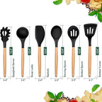 E-far Cooking Utensils Set of 6, Silicone Kitchen Utensils with Wooden Handle, Non-stick Cookware Friendly & Heat Resistant, Includes Spatula/Ladle/Slotted Turner/Serving Spoon/Spaghetti Server(Black)