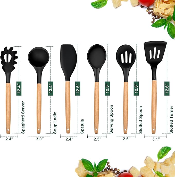 E-far Cooking Utensils Set of 6, Silicone Kitchen Utensils with Wooden Handle, Non-stick Cookware Friendly & Heat Resistant, Includes Spatula/Ladle/Slotted Turner/Serving Spoon/Spaghetti Server(Black)