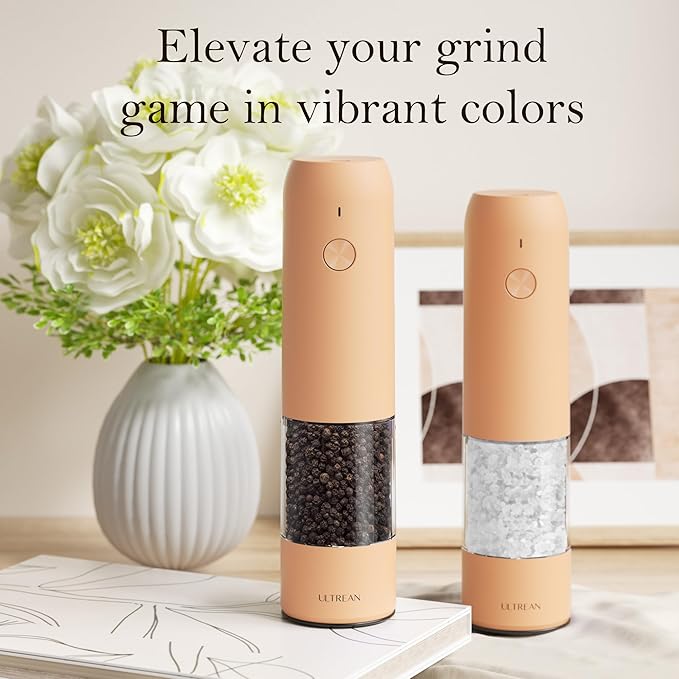 Ultrean Electric Pepper Grinder, Rechargeable Salt and Pepper Grinder with 6 Adjustable Coarseness, LED Light, One-Hand Automatic Operation, Light Orange