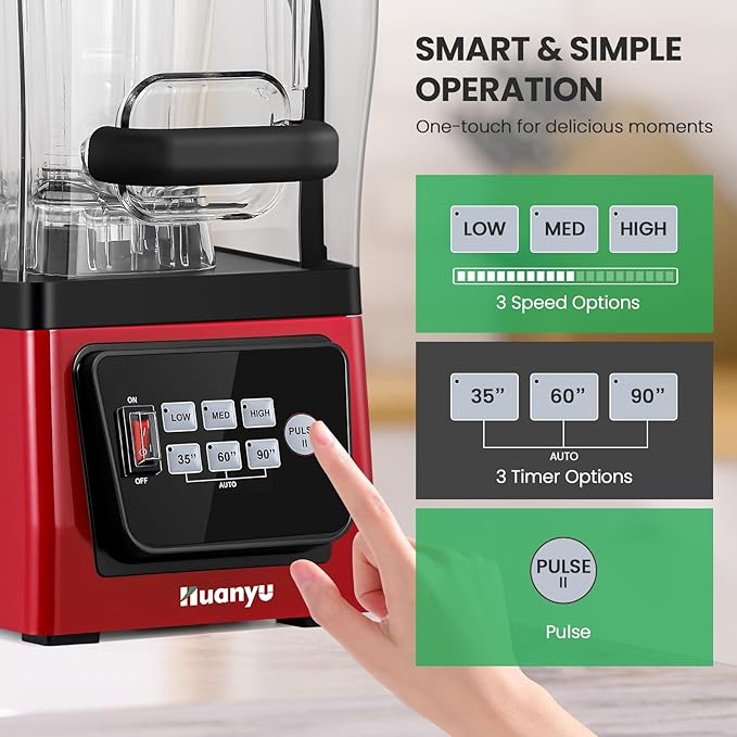 Huanyu Commercial Blender 2L 68OZ 2200W Quiet Professional Blenders with Sound Enclosure for Smoothies with Self-Cleaning Function Red