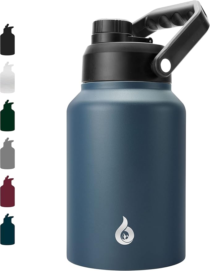 BJPKPK 64 oz Insulated Water Bottle, Dishwasher Safe Half Gallon Water Bottle with Ergonomic Handle, BPA Free Leak Proof Water Jug for Sports, Metal Thermos with Anti-slip Bottom, Navy Blue