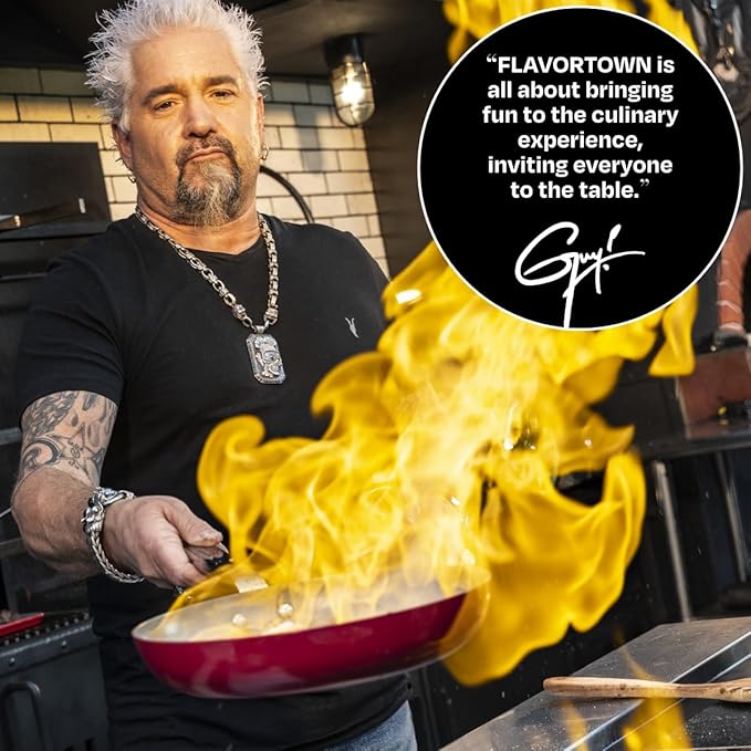 Guy Fieri's Flavortown 2-Piece Ceramic Cookware Set, Nonstick Frying Pan Set 10" and 12", Kitchen Cookware, Made without PFAS PTFE PFOA, Oven and Dishwasher Safe, Easy to Clean Everyday Cookware, Red