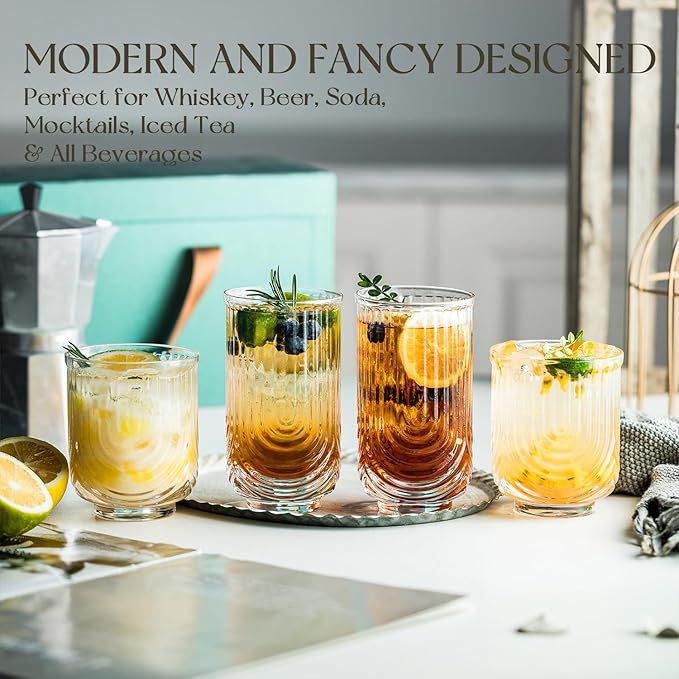 Art Deco Cocktail Glasses, Highball Glasses Set Of 8, Ribbed Glasses, Drinking Glasses Set, Unique Glassware, Beverages Ice Coffee Cup, Ideal for Whiskey, Beer, Juice, Water