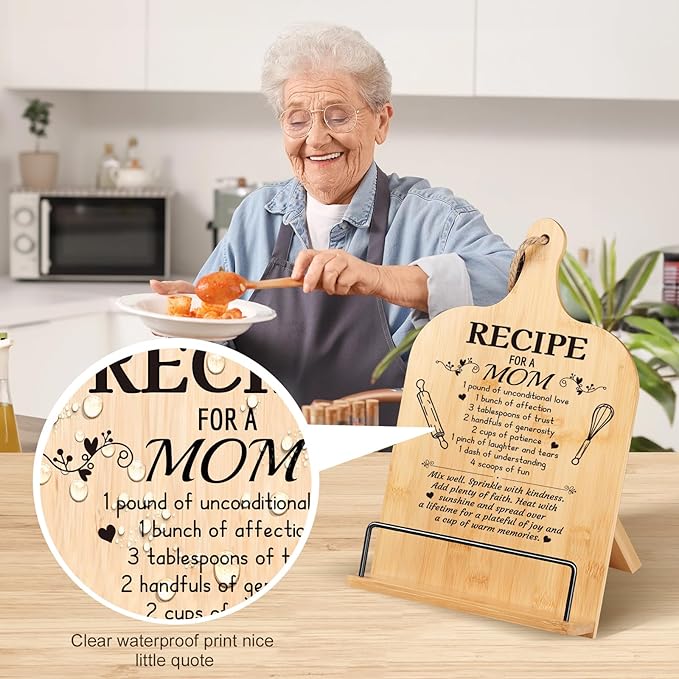 Mom Gifts Kitchen Gifts for Women Retirement Gifts Cookbook Stand Bamboo Recipe Book Holder Adjustable Non-Slip Cook Book Stand for Kitchen Counter