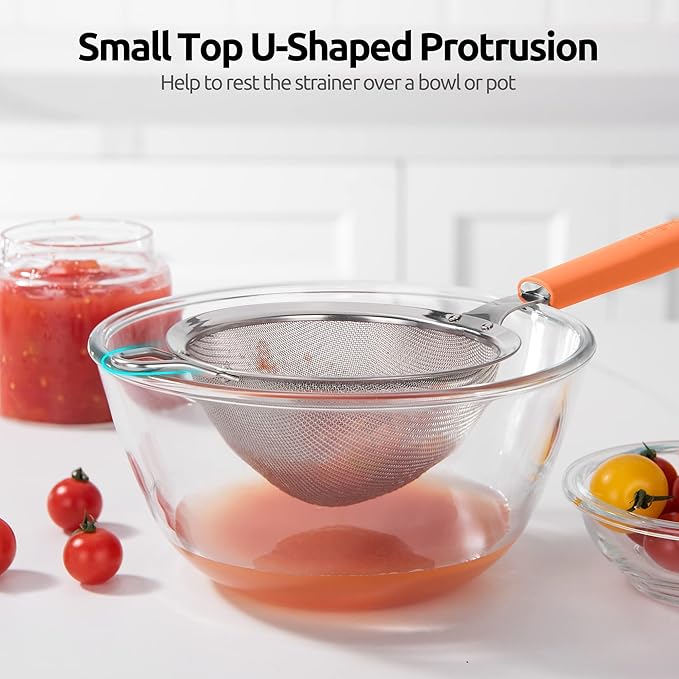 18/8 Stainless Steel Mesh Strainer: U-Taste 5.5 Inch Kitchen Fine Mesh Sieve Food Colander with Riveted Sturdy Silicone Handle and 30 Mesh Hole for Straining Flour, Pasta, Fruit, Quinoa (Orange)