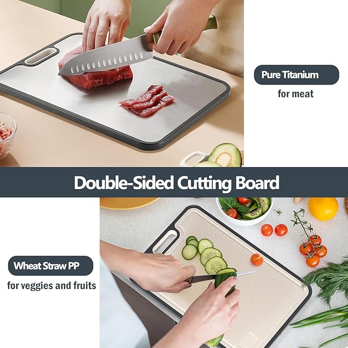 Titanium Cutting Boards for Kitchen - Double Sided Cutting Board with Juice Groove & Non-Slip Feet, Food Grade Chopping Board, Dishwasher Safe & Knife-Friendly (16"x11")