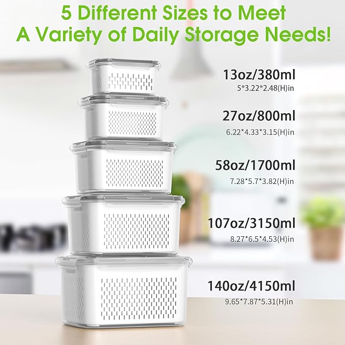 Fruit Storage Containers for Fridge - 5 Size Berry Containers for Fridge Keep Fresh with Colanders and Vent Handle Lids, Clear Vegetable Storage Containers for Refrigerator, Lettuce Keeper