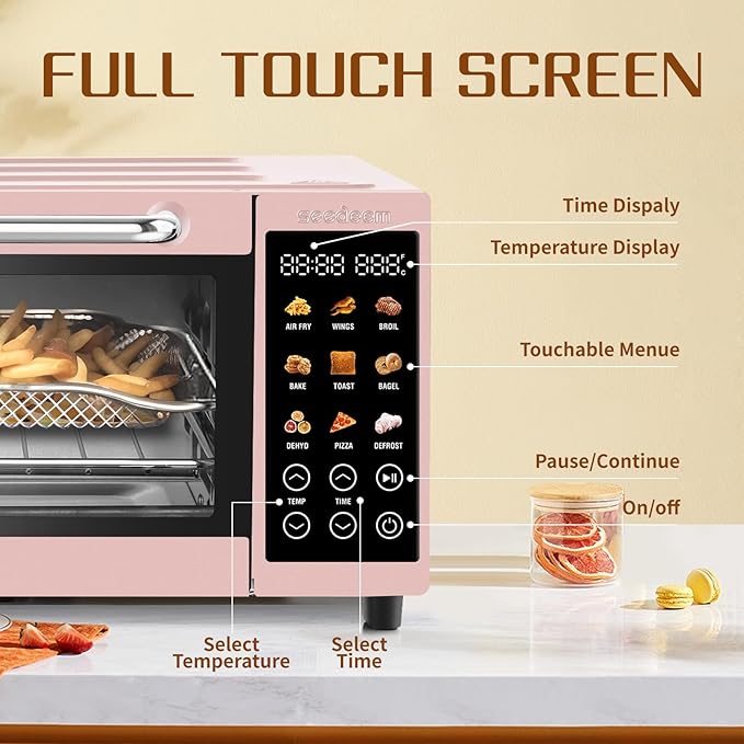SEEDEEM 9-in-1 Air Fryer Oven, 16-Quart Countertop Convection Oven with Toaster, Broil, Pizza, Dehydrator, Large Capacity Kitchen Appliance in Pink, Silver, Black
