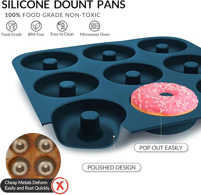 Large Silicone Donut Pan for Baking, 9 Cavity Non-Stick Food Grade Silicone Donut Molds, Doughnut Pan and Bagel Pans for Baking & Kitchen, BPA Free 11.2 x 11.1 Inches, Dishwasher Safe - Blue